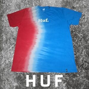 HUF Mens Tie Dye Logo Graphic T-Shirt Red White & Blue XL FLAWS